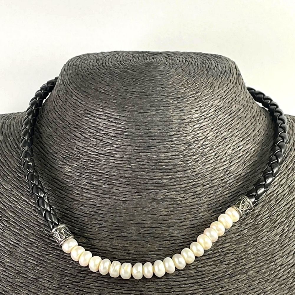D&J Freshwater Pearls STERLING SILVER CLASP BLACK CORD NECKLACE bali boh…